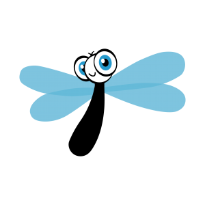 Hier ist eine freundliche, blaue Liebelle zu sehen, Das Maskottchen von KuLKids. Die gleiche Libelle kommt auch im Firmenlogo vor.